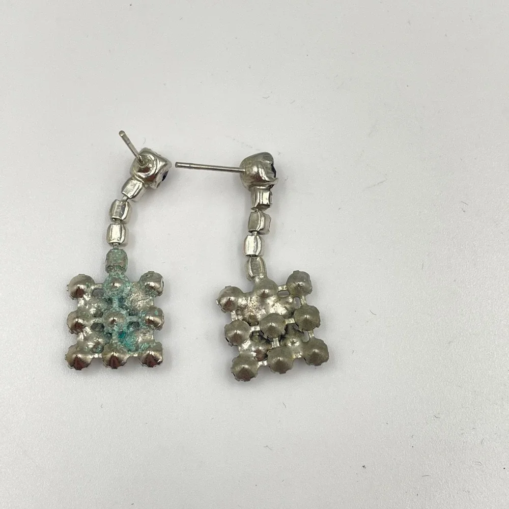 Vintage‎ Silver-Tone Glamour Prong Rhinestone Beads Checkerboard Dangle Earrings